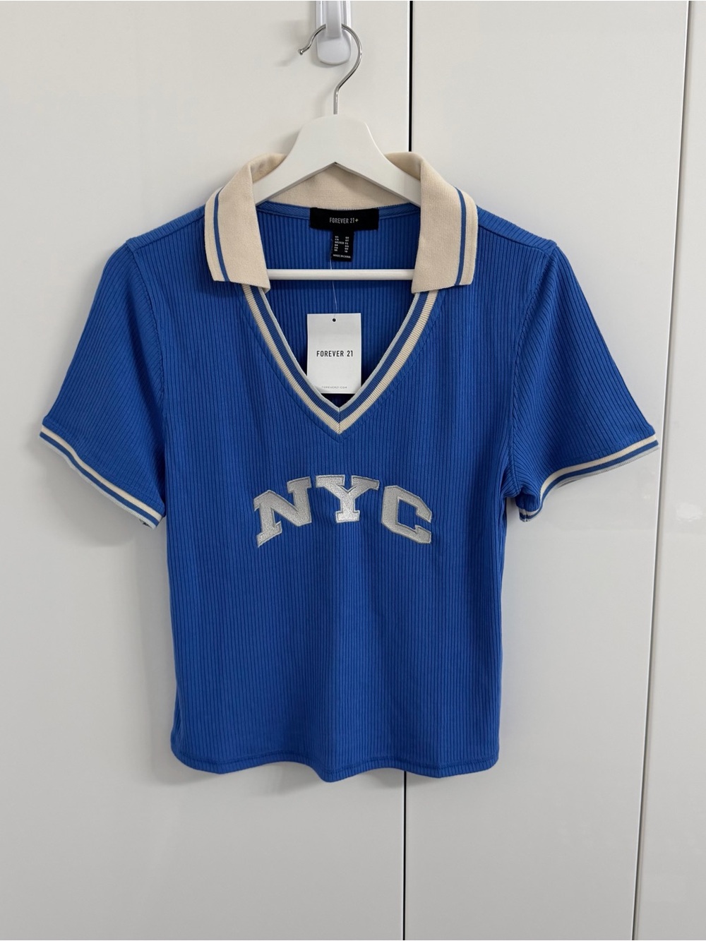 Forever 21 Blue Ribbed Polo Tee with Cream Trim and NYC Applique